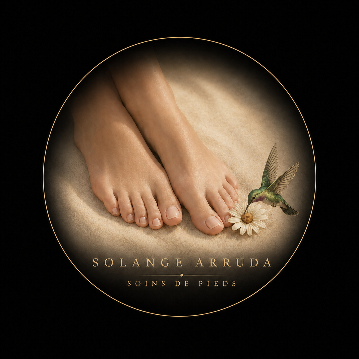Emblème Solange Arruda Soins de pieds : deux pieds sur le sable, une marguerite et un colibri vert
